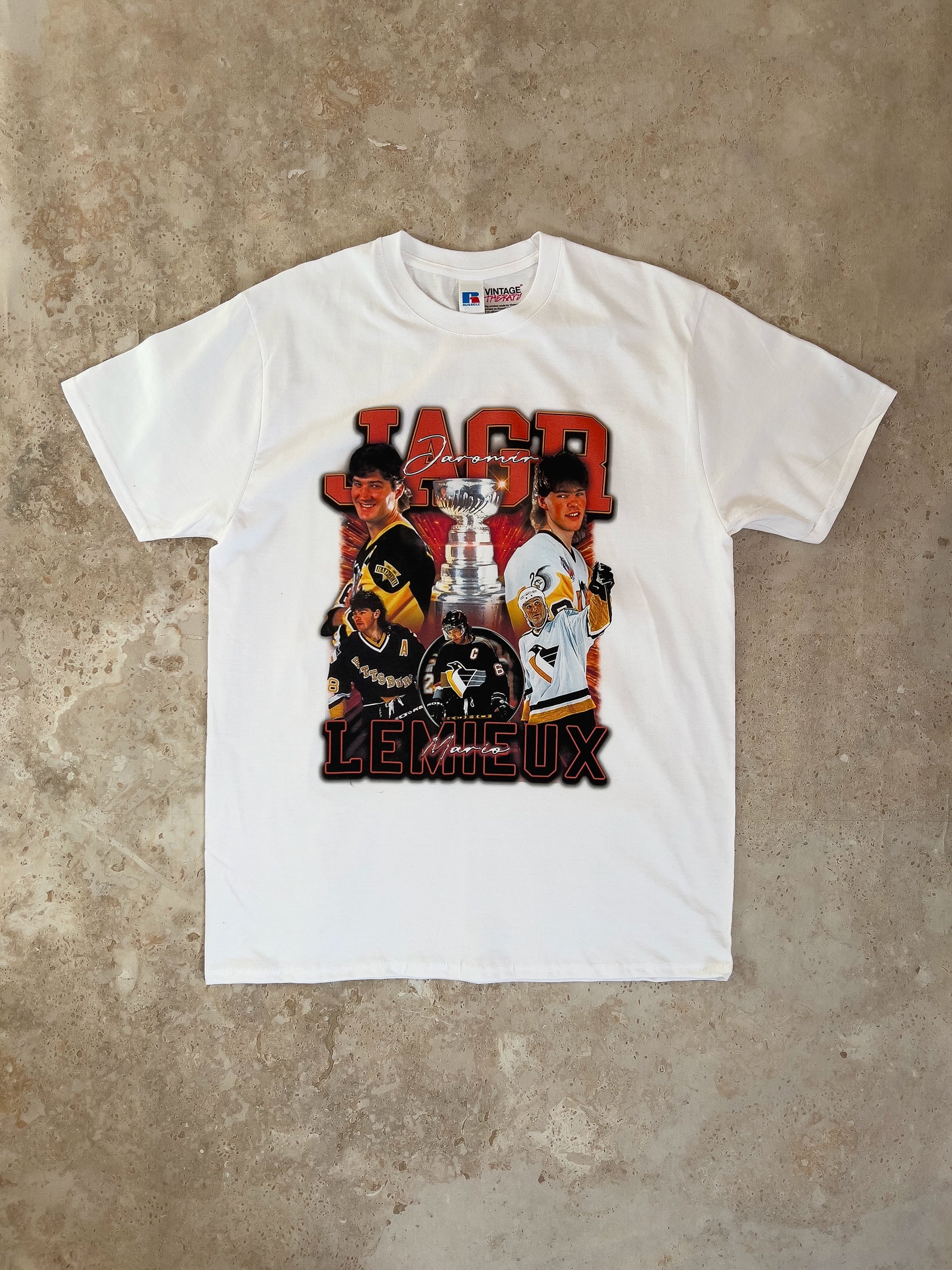 Jágr x Lemieux Bootleg tričko Russell bílé