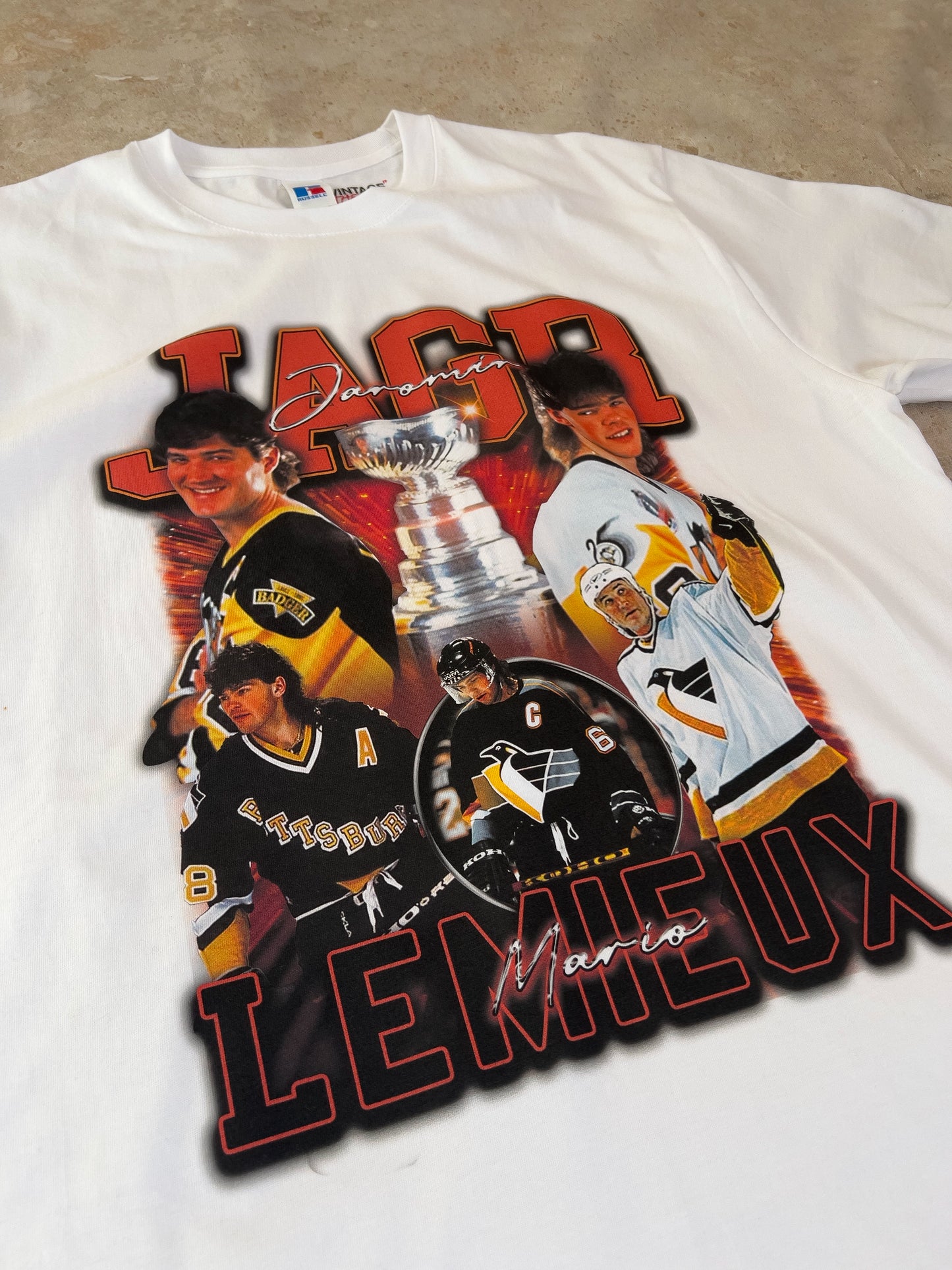 Jágr x Lemieux Bootleg tričko Russell bílé